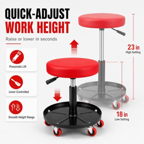 PowerSmart 330 lbs Capacity Pneumatic Roller Seat with Wheels, Adjustable Rolling Mechanic Stool with Tool Tray, Hydraulic Garage Shop Stool, Swivel Creeper Seat for Automotive Repair