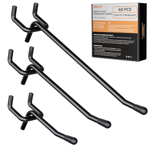 INCLY 120 Pack 2/4/6 Inch Black Pegboard Hooks, 1/4" Heavy Duty