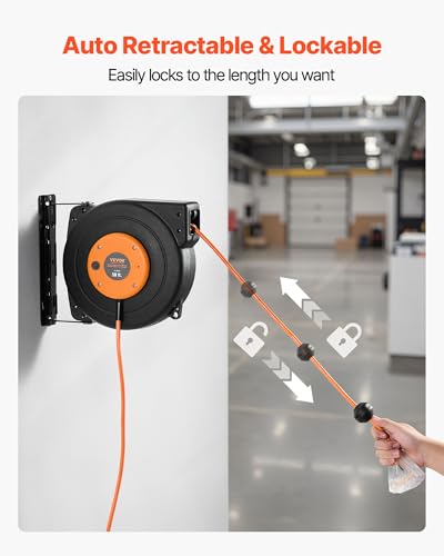 VEVOR Retractable Extension Cord Reel, 50 FT Heavy Duty 14AWG/3C SJTOW Power Cord with Lighted Triple Tap Outlet, 13 Amp Circuit Breaker, 180° Swivel Bracket for Ceiling or Wall Mount