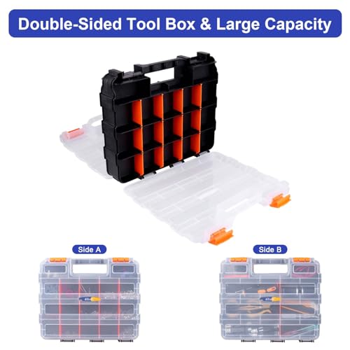 AllinRC Small Parts Organizer Double Sided Parts Organizer with Removable Dividers 34-Compartments Storage Bins for Hardware, Screws, Nuts, Bolts, Washers, Nails, Fasteners, Tools