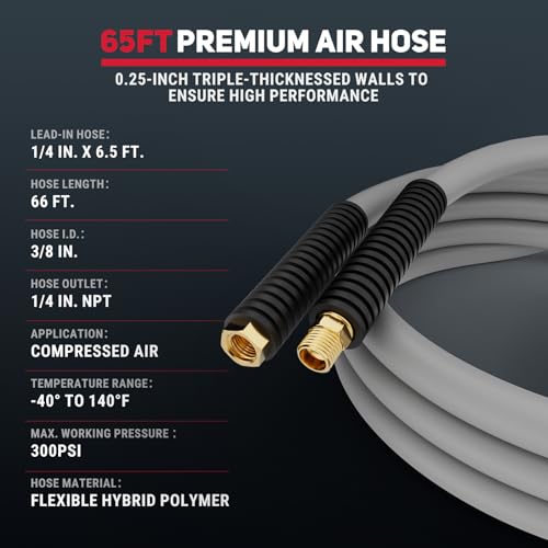 Retractable Air Hose Reel, 3/8" x 65ft Air Hose with Air Blow Gun, Adjustable Length Lock, 180° Rotating Wall Mount Air Tool for Garage and Workshop