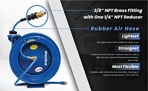 BLUBIRD BBRHD3850 18ga. Retractable Hose Reel with 3/8" X 50' Air Hose, 12 Point Ratcheting Gear, Next-Gen Rubber, Lightest, Strongest, Most Flexible, 300 PSI, -50F to 190F Degrees, Polyester Braided