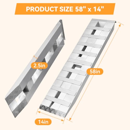 FULUPET 2PCS 58''x14'' Heavy Duty Aluminum Trailer Ramps, 6000lbs Capacity Loading Ramps with Extra Wide Flat Surface, Lightweight for ATV, UTV, Lawn Mower and Tractor (58''x14'')