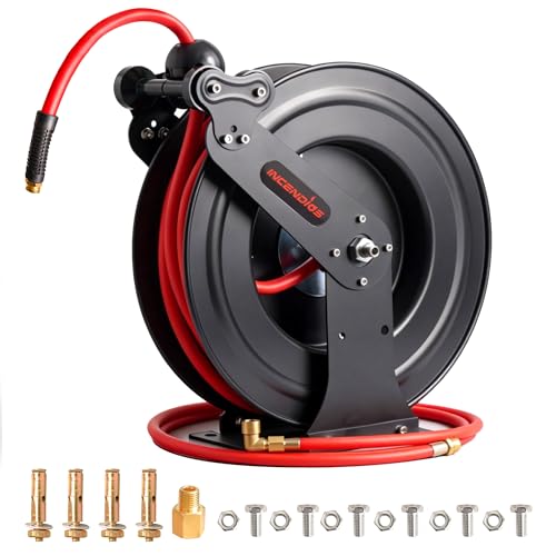 Retractable Air Hose Reel - 3/8" x 65 FT Hybrid Polymer Air Compressor Hose Reel, Heavy Duty Steel Dual Arm with 6.56 FT Lead-in, Max 300 PSI, Professional Grade Wall/Ceiling/Floor Mount