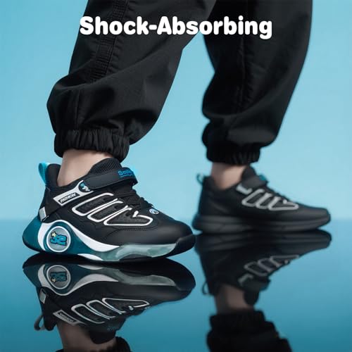 SMILIN Kids Sneakers for Boys, Lightweight Non-Slip Running Shoes with Hook & Loop Strap, Breathable Cushioned School Sports Basketball Shoes Size 11 Black