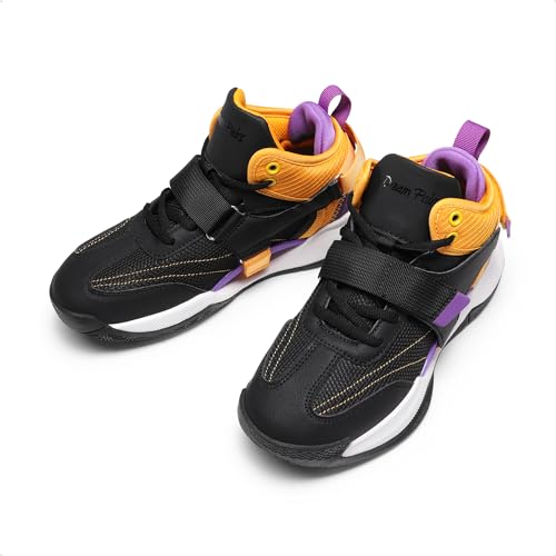 DREAM PAIRS Boys Girls Basketball Shoes Little Kid Big Kid Non-Slip Sport Athletic Sneakers Boys Comfortable Durable School Training Shoes,Size 4 Big Kid,Black/Gold/Purple,SDBS2302K