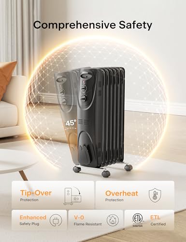 PELONIS Radiator Heater for Large Space, Electric Oil Filled Radiator, Dual Knobs, 1500W, Quiet Space Heater, 3 Modes, Tip-over Protection