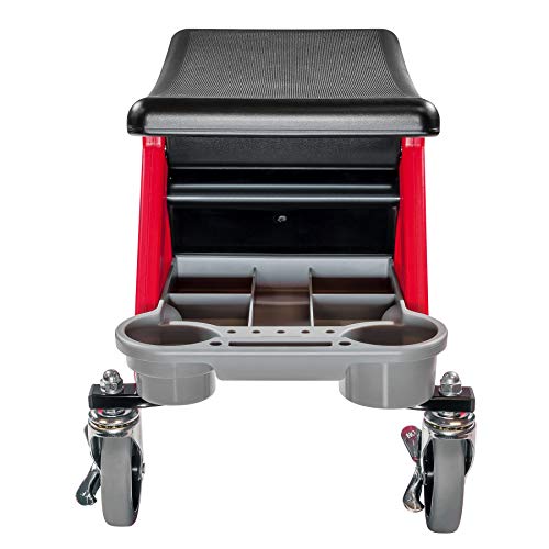 Powerbuilt Heavy Duty Roller Mechanics Seat and Brake Stool with 4-in. Rubber Swivel Casters Roll Over Anything, Big Seating Platform, Slide Out Tool Trays and Drawer 300 lb. Capacity – 240036