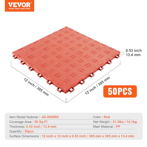 VEVOR Garage Floor Tiles 12 x 12 x 0.53 inch, Interlocking Design Ease of Installation Double-Sided Texture Non-Slip Sturdiness, for Garages, Basements, Repair Shops, Red, 50 Pack
