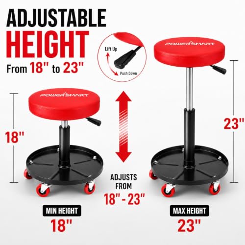 PowerSmart 330LBS Pneumatic Roller Seat with Wheels, 18"-23" Adjustable Rolling Mechanic Stool with Tool Tray, Swivel Creeper Seat, Hydraulic Garage Shop Stool for Auto Repair, Detailing & Workshop