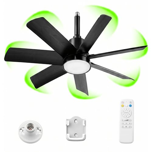 JOMARIUS 28 Inch Socket Fan Light with Remote Control, Screw in E26/E27 Ceiling Fan with LED Light, 3000-6000K Dimmable Color Temp, 6 Speeds, Timer, for Bedroom Kitchen Living Room Garage, Black