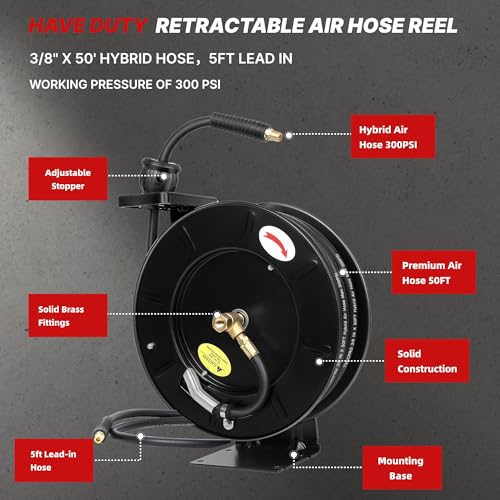 Retractable Air Hose Reel, 3/8 IN x 50 FT Hybrid Air Hose Max 300 PSI, Air compressor hose reel with 5 ft Lead in, Ceiling/Wall Mounted air hose reel,Heavy Duty air tool