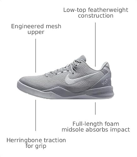 Kobe 8 Big Kids' Basketball Shoes (FN0266-003, Wolf Grey/Wolf Grey/White) Size 5