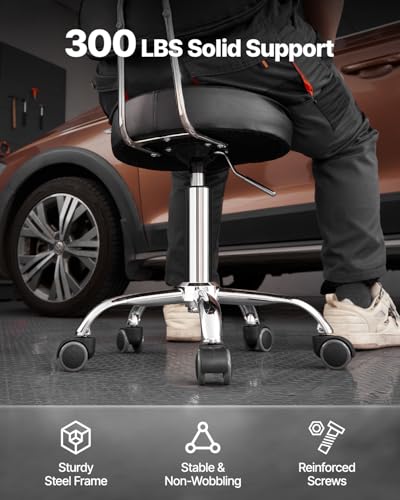 VEVOR Shop Stool with Backrest, Pneumatic Height Adjustable Garage Seat, 300 lbs Load, Roller Creeper Seat, 360 Swivel Padded Workshop Stool, Black