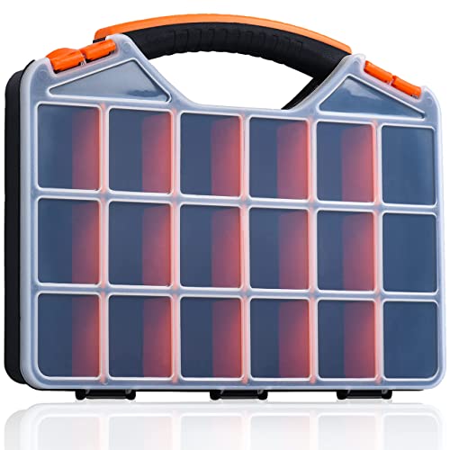 Andalus Tools Organizer Box, Small Parts Storage 18-Compartment Portable Hardware Organizer Removable Plastic Dividers for Screws, Nuts, Bolts, Nails – Orange (1 Pack, 12.75" x 10" x 1.75")