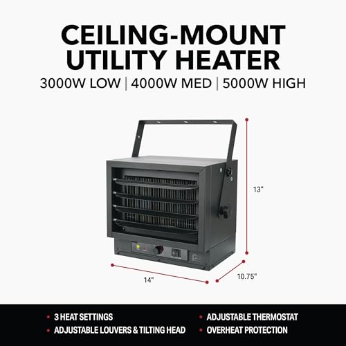 Perfect Aire 2PHG5000 5,000/4,000/3,000W Ceiling Mount Garage Heater – Hardwired 240V Electric Heat for Workshops & Garages