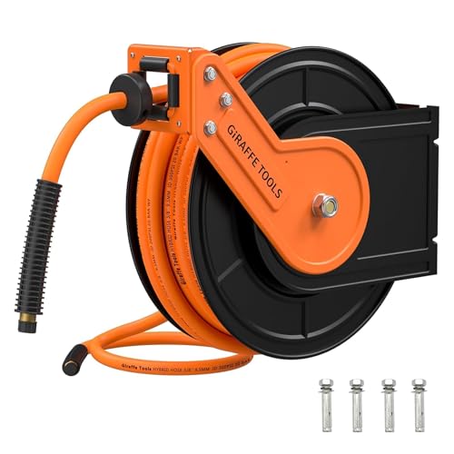 Giraffe Tools Retractable Air Hose Reel 50ft 3/8" Hybrid Hose Garage