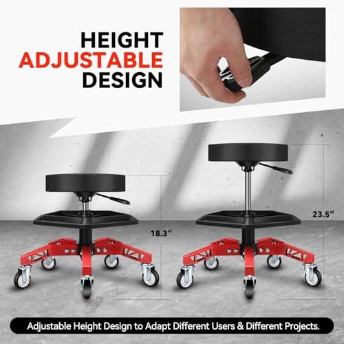 Auto Dynasty Rolling Mechanic Stool, Height Adjustable Heavy Duty Roller Creeper Garage Shop Seat with Padded Seat and Tool Storage Tray for Workshop Auto Repair, 300 LBS Capacity, Red