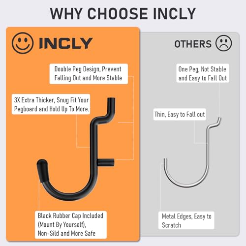INCLY 176PCS Black Pegboard Hooks with Peg Locks, 1/4" Heavy Duty Metal
