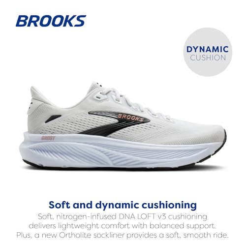 Brooks Women’s Ghost 18 Neutral Running & Walking Shoe - White/Black/Rose Gold - 8 Medium