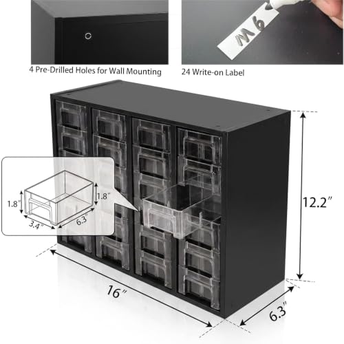 Nut and Bolt Organizer with 24 Clear Drawers, Heavy Duty Metal Hardware Organizer Cabinet, 48 Adjustable Dividers for Screws, Fasteners, Washers & Small Parts, Stackable Wall Mount Storage Cabinet