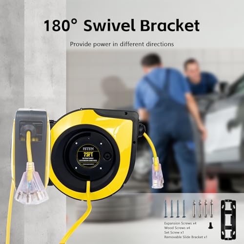 FSTSN Retractable Extension Cord Reel, 75 FT, Heavy Duty 14AWG/3C SJTOW Power Cord, with Lighted Triple Tap Outlet 10 Amp Circuit Breaker, for Ceiling or Wall Mount Garage and Shop, Yellow