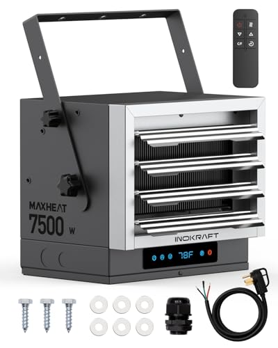 InoKraft 7,500W Electric Garage Heater, Wire: 8 AWG, Plug: NEMA 14-50P, Remote, Ceiling Mount, Digital Thermostat, 240 Volt, 24-Hour Timer, Overheat Protection, ECO Mode, Ideal for Garage
