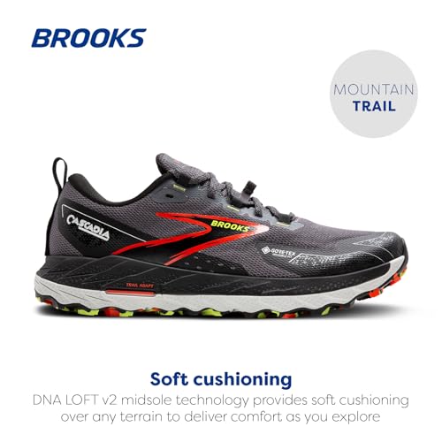Brooks Men’s Cascadia 18 GTX Waterproof Mountain Trail Running Shoe - Blackened Pearl/Black/Tomato - 7 Medium