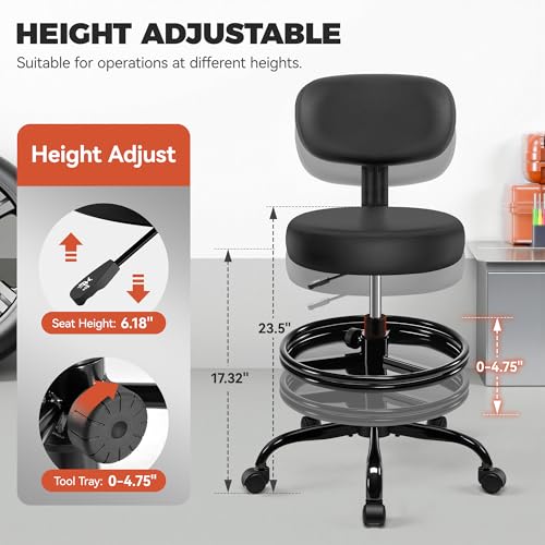 BestGlory Shop Stool with Wheels for Garage, Mechanics Rolling Chair with Backrest, Adjustable Height Heavy Duty Garage Stool with Footrest and Storage Tray, Swivel Task Chair for Workshop Salon