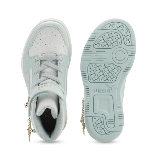 PUMA Unisex-Child Rebound Layup Mid Hook and Loop Shoes, White-Fresh Water- Gold SS26, 13.5, Little Kid