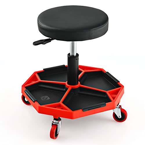 IRONMAX Rolling Mechanic Stool with Removable Tool Tray & Padded Cushion