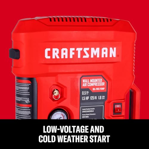 CRAFTSMAN Tire Inflator, All in One Wall Mount Air Compressor Oil-Free with Retractable 30ft Air Hose and Pressure Regulator, Great for Tire Inflation, Brad/Stapler, Finishing Jobs,1.5HP 125PSI