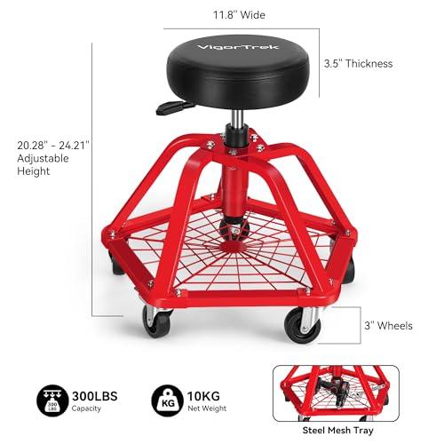 VigorTrek Rolling Shop Stool with Wheels and Adjustable Pneumatic Mechanic Stool, Heavy Duty Garage Stool & Shop Chair with Storage Tray, 300 lbs Capacity