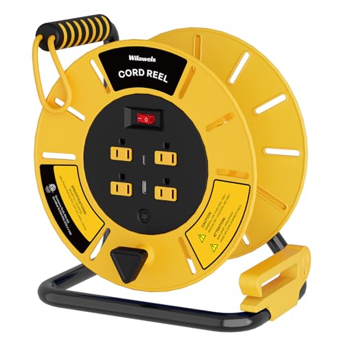 WILAWELS Extension Cord Storage Reel with 4-Grounded Outlet & 2 USB Port, 15A Circuit Breaker, Heavy Duty Open Cord Reel for 12/3,14/3 Gauge Power Cord, Hand Wind Retractable,ETL Listed Yellow Y85CR06