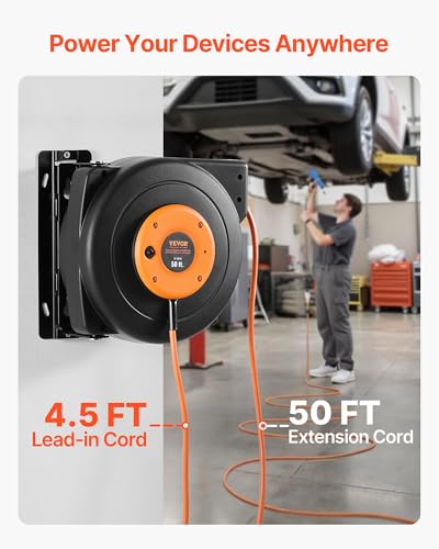 VEVOR Retractable Extension Cord Reel, 50 FT Heavy Duty 14AWG/3C SJTOW Power Cord with Lighted Triple Tap Outlet, 13 Amp Circuit Breaker, 180° Swivel Bracket for Ceiling or Wall Mount