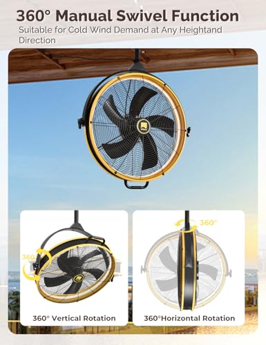 Orison 24.8'' Outdoor Ceiling Fan, 6 Speed Ceiling Mounted Plug-In Cord Garage Fan with Remote&APP, 360-degree Manual Vertical Rotation, Hook up, Gazebo, Patio, Pergola (5 blades- Yellow&Black)