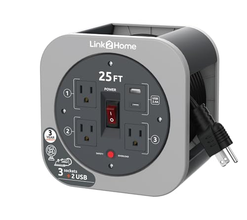 Link2Home 25 Ft. Retractable Extension Cord Reel, 3 Outlets, Gray