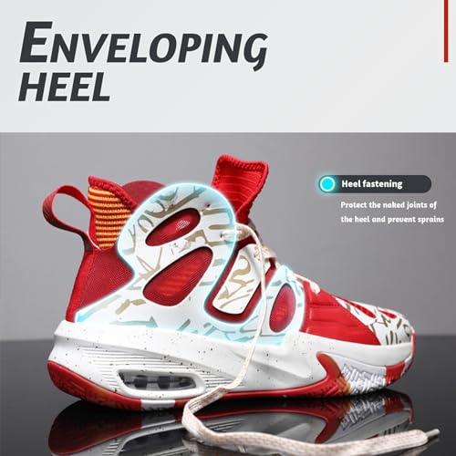 ASHION Mens Basketball Shoes Outdoor Sport Shoes Casual Air Cushioning Sneakers with Arch Support White Red US 9.5