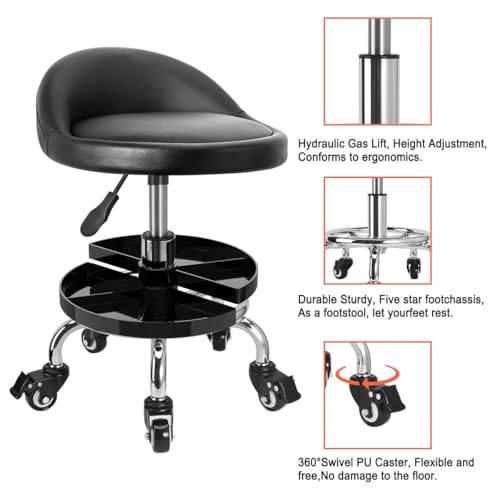 JOSTZHXIN Garage Mechanic Stool Chair Rolling Shop Chair, Height Adjustable Garage Shop Seat, Low Stools with Storage Tray, Rolling Stool for Salon SPA Tattoo (Style 2)