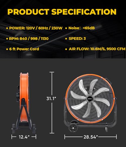 VENTISOL 24 Inch High Velocity Drum Fan, 9500 CFM Industrial Fans Heavy Duty, 3-Speed Shop Fan, Large Metal Floor Fan for Garage, Warehouse, Outdoor, Commercial, 8 Blades