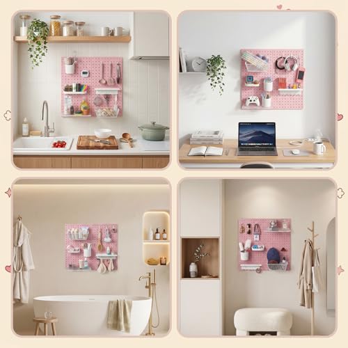 Pegboard Wall Organizer, 4 x11” x 11” ABS Peg Board Wall Organizer with Hooks, Shelves & Baskets, Drill or Adhesive Mount, 110 lbs Heavy Duty Wall Storage for Kitchen, Garage, Bathroom, Office (Pink)