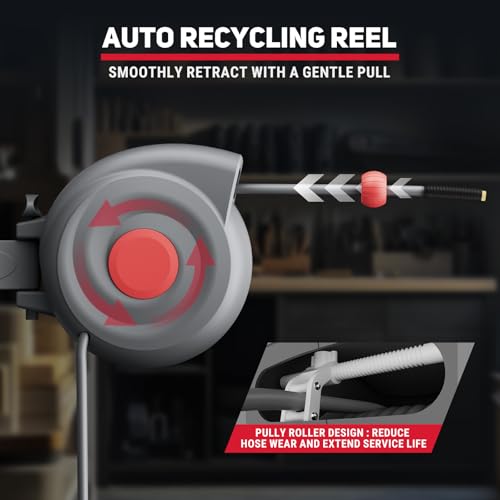 Retractable Air Hose Reel, 3/8" x 65ft Air Hose with Air Blow Gun, Adjustable Length Lock, 180° Rotating Wall Mount Air Tool for Garage and Workshop