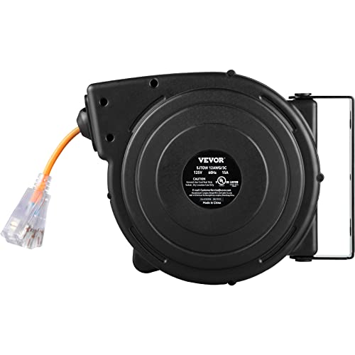 VEVOR Retractable Extension Cord Reel, 50 FT Heavy Duty 14AWG/3C SJTOW Power Cord with Lighted Triple Tap Outlet, 13 Amp Circuit Breaker, 180° Swivel Bracket for Ceiling or Wall Mount