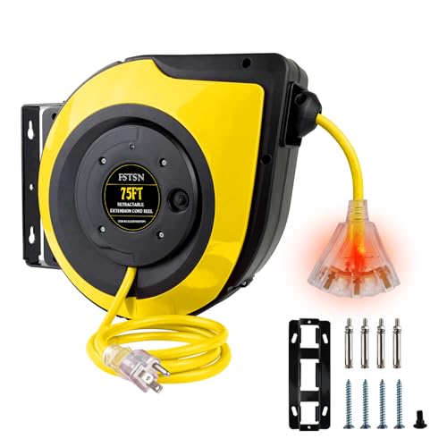FSTSN Retractable Extension Cord Reel, 75 FT, Heavy Duty 14AWG/3C SJTOW Power Cord, with Lighted Triple Tap Outlet 10 Amp Circuit Breaker, for Ceiling or Wall Mount Garage and Shop, Yellow