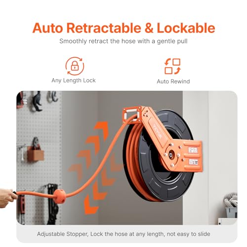 VEVOR Retractable Air Hose Reel, 3/8IN x 100FT Rubber Air Hose Max 300PSI, Air Compressor Hose Reel Auto-Rewind with 5FT Lead in, Ceiling/Wall Mount Heavy Duty Single Arm Steel Reel, 1/4" NPT Fitting