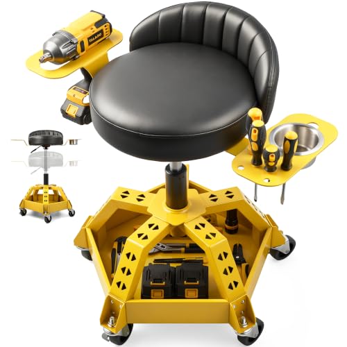 Rolling Shop Stool with Wheels for Garage, Height Adjustable Mechanic Stool Seat with Backrest and Tool Tray Storage for Workshop, Heavy Duty 330 LBS Capacity Padded Work Garage Chair, 360° Swivel