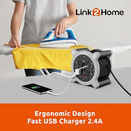 Link2Home 30 Ft. Extension Cord Reel, 3 Outlets, 2 USB Ports