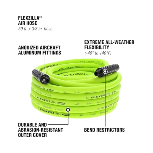 Flexzilla Air Compressor Hose, 3/8 in. x 50 ft., 1/4 in. MNPT Fittings, No-Kink, All Weather, Lightweight, Premium Hybrid Polymer, 300 PSI, ZillaGreen