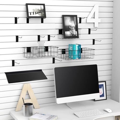 BeapTcely 40 Pcs Slatwall Accessories Set - Includes Metal Wire Baskets, Storage Bins, Hooks, Screwdriver Holders and Shelves for Garage and Room Storage