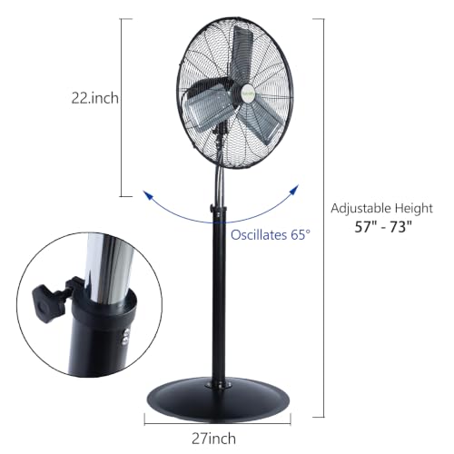 hykolity 24" High Velocity Pedestal Oscillating Fan, 6450 CFM 3-Speed Heavy Duty Industrial Metal Standing Fan with Aluminum Blades and Adjustable Height for Warehouse and Garage